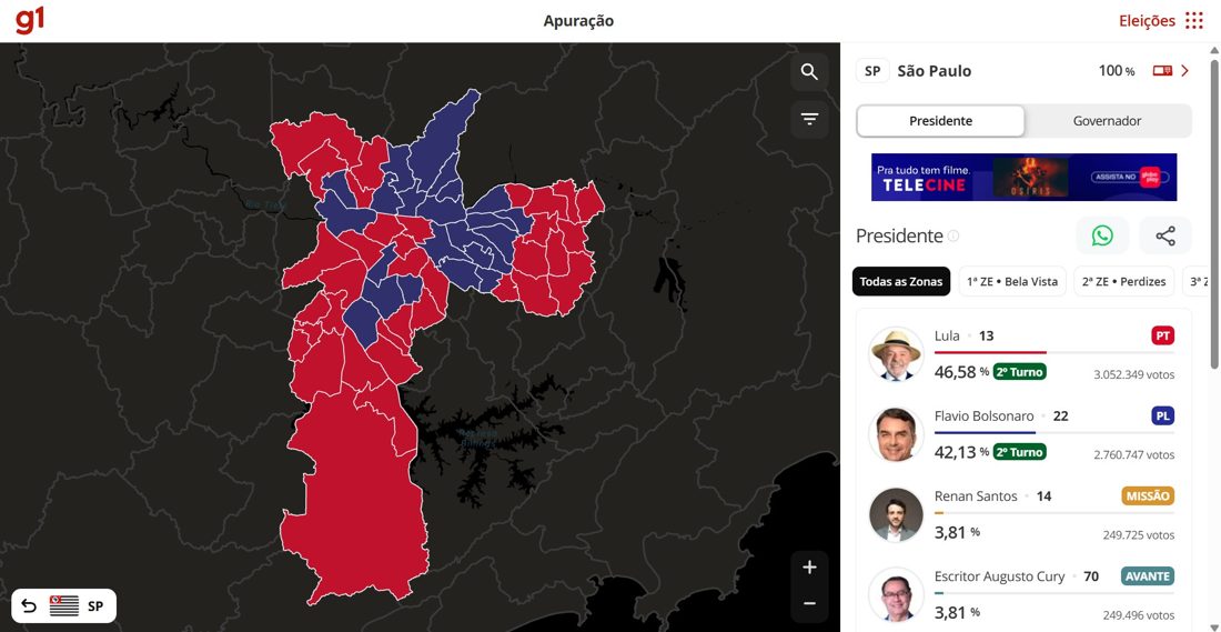 Mapa interativo exibe votação por zona eleitoral nas capitais e principais cidades