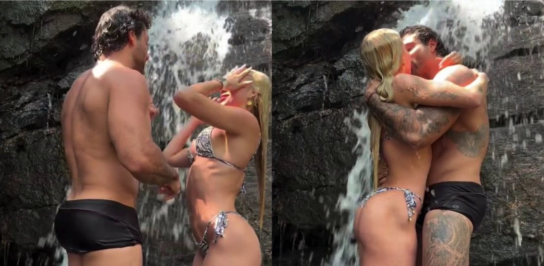 Jesus Luz e Rafaela Mesquita celebram um ano juntos em cachoeira, exibindo corpos sarados e beijo apaixonado
