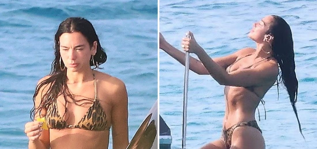 Dua Lipa exibe corpão com biquíni de oncinha em passeio de iate nas Ilhas Baleares