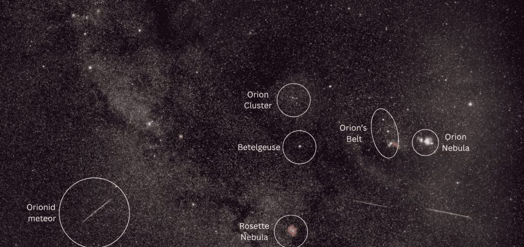 Foto registra meteoros das Orionídeas, chuva ligada ao cometa Halley, cruzando céu estrelado