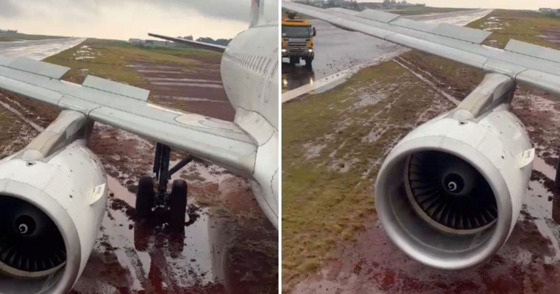 Avião da LATAM ultrapassa limite da pista e fica preso em lama no aeroporto de Cascavel; 145 passageiros desembarcam sem ferimentos
