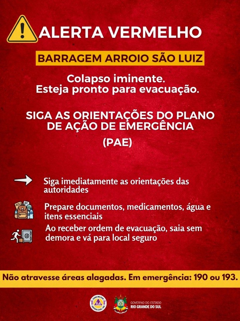 Moradores ao redor da barragem Arroio São Luiz, em São Marcos, são orientados a se preparar para evacuação