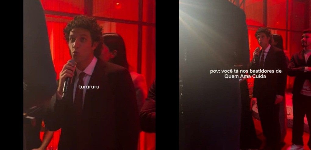 Chay Suede canta com o elenco em cena de estreia de Adriana na joalheria de Quem Ama Cuida