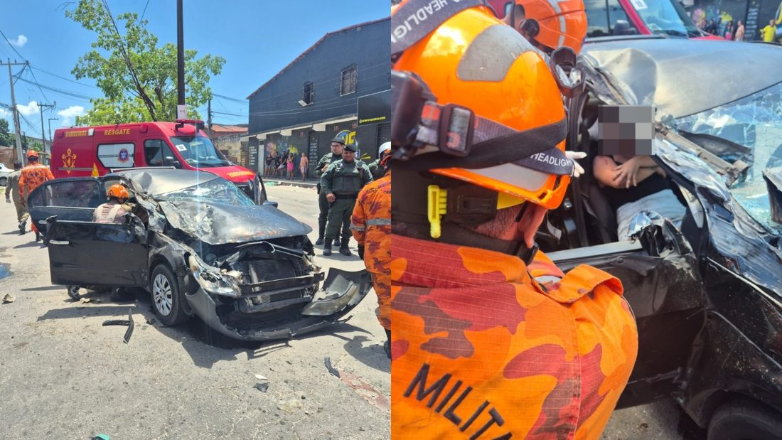 Carro colide com ônibus e motorista foge, deixando esposa presa às ferragens em Fortaleza