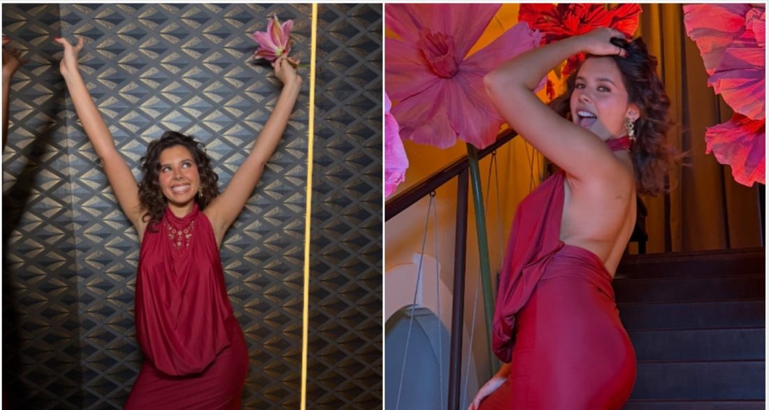 Flor Gil celebra 18 anos com vestido vermelho de costas nuas e festa de flores cenográficas