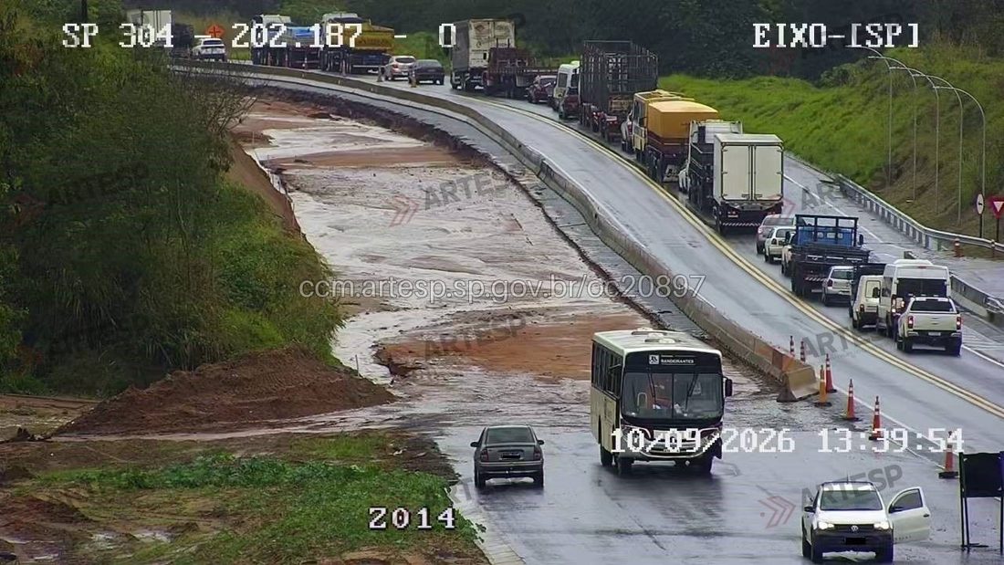 Chuva forte alaga e bloqueia trecho da Rodovia Geraldo de Barros em São Pedro