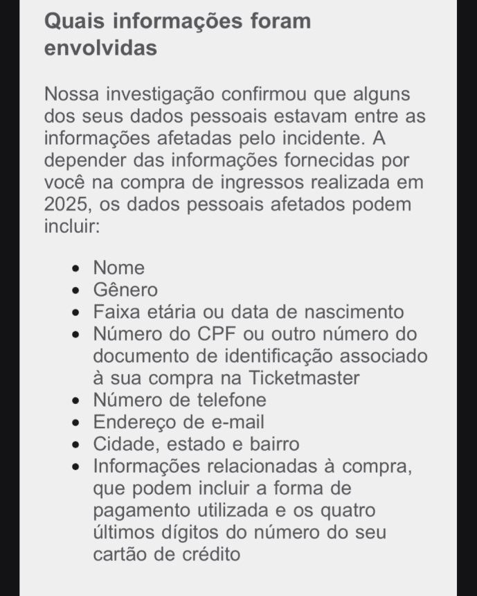 Ticketmaster confirma vazamento de dados de clientes que compraram ingressos em 2025