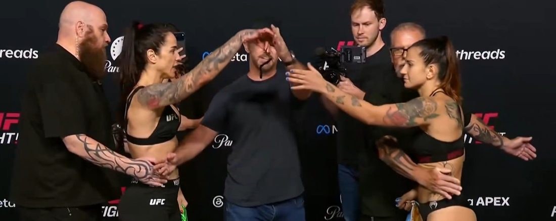 Norma Dumont provoca Ailín Pérez com preservativos e dinheiro na encarada oficial do UFC Vegas 121