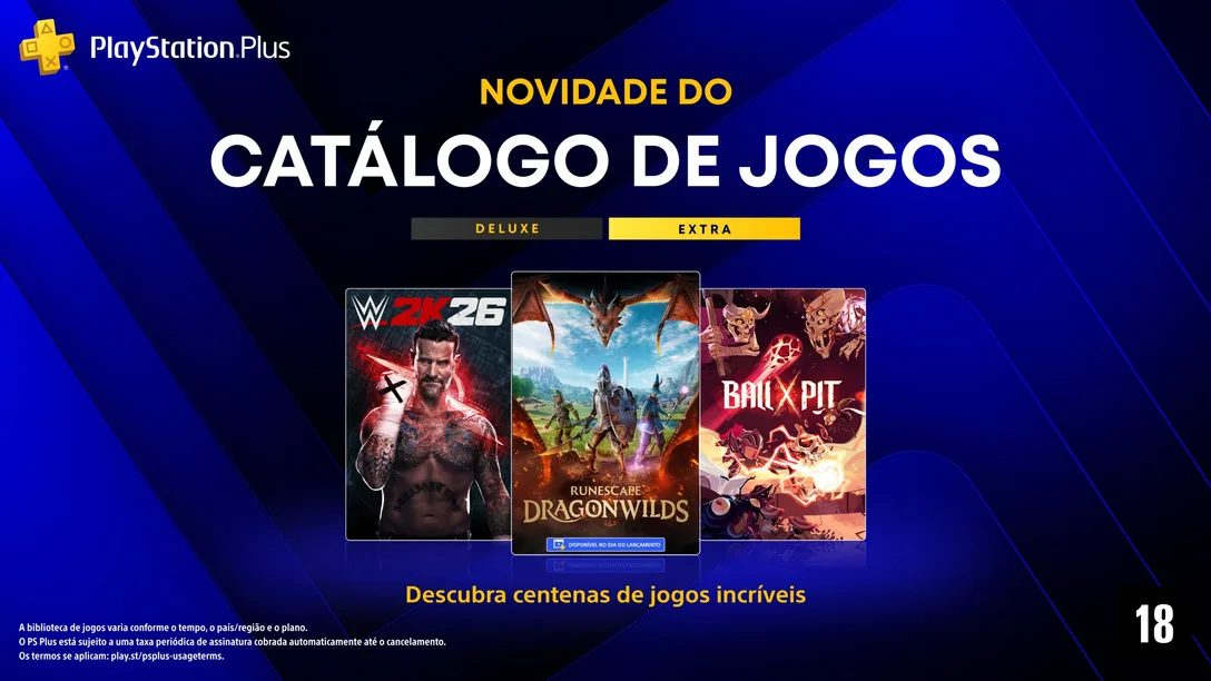 PlayStation Plus adiciona RuneScape: Dragonwilds, WWE 2K26 e Ball x Pit ao catálogo de setembro 2026