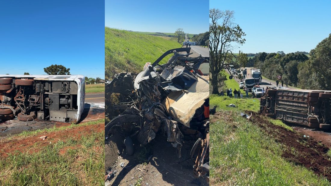 Ônibus de viagem tombado na BR-277 em Candói deixa 1 morto e mais de 40 feridos