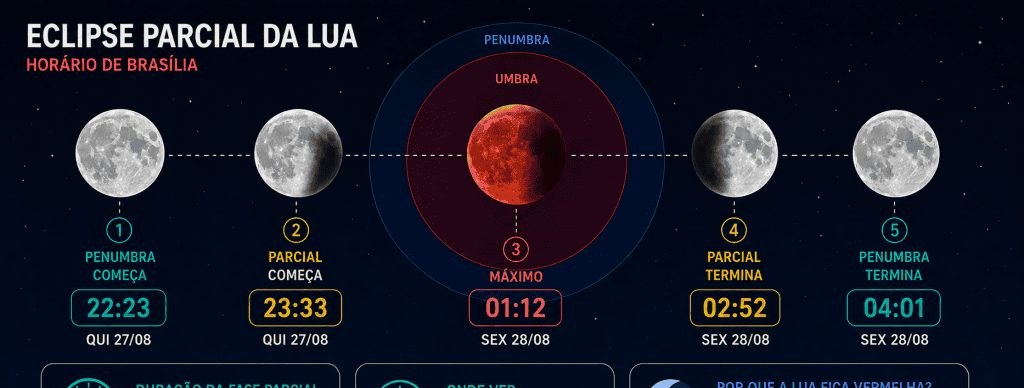 Eclipse lunar parcial de 27/08 será visível em todo o Brasil: saiba o horário exato na sua cidade