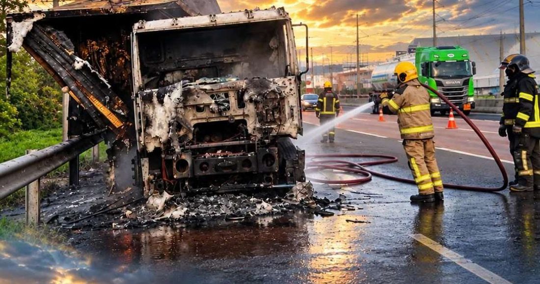 Caminhão carregado com 3 toneladas de carne incendeia rodovia próximo à Arena do Grêmio