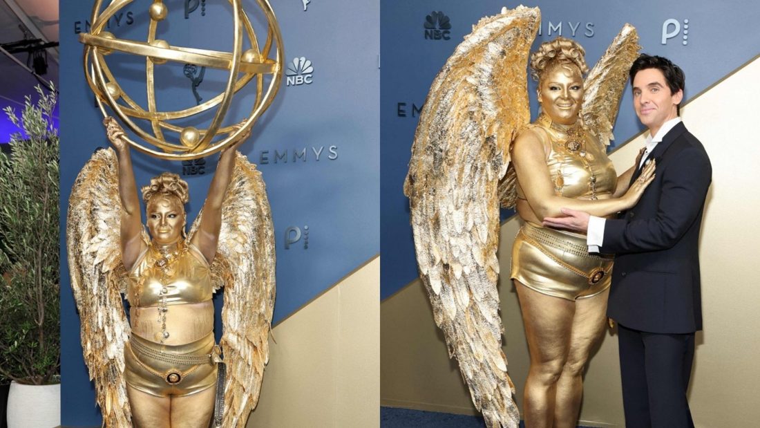 Megan Stalter comparece ao Emmy 2026 vestida como a própria estatueta dourada