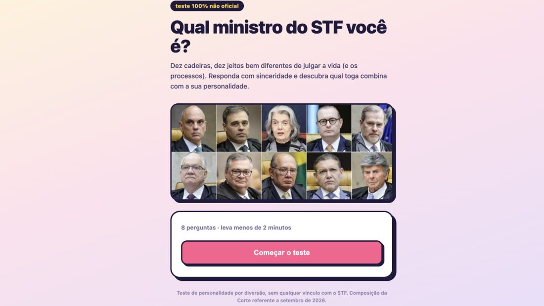 Quiz online revela qual ministro do STF combina com sua personalidade após sessão sobre Alexandre de Moraes