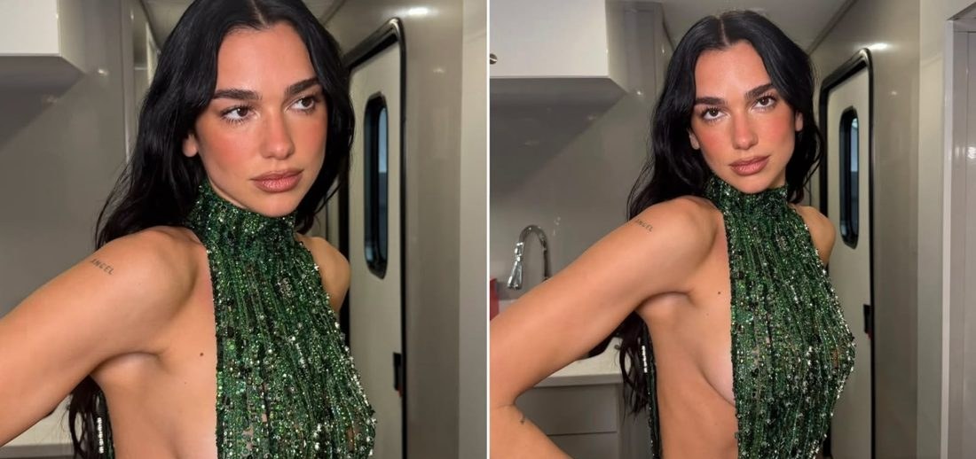 Dua Lipa usa vestido esmeralda com fenda ousada e recebe elogios dos fãs: 'Deusa'