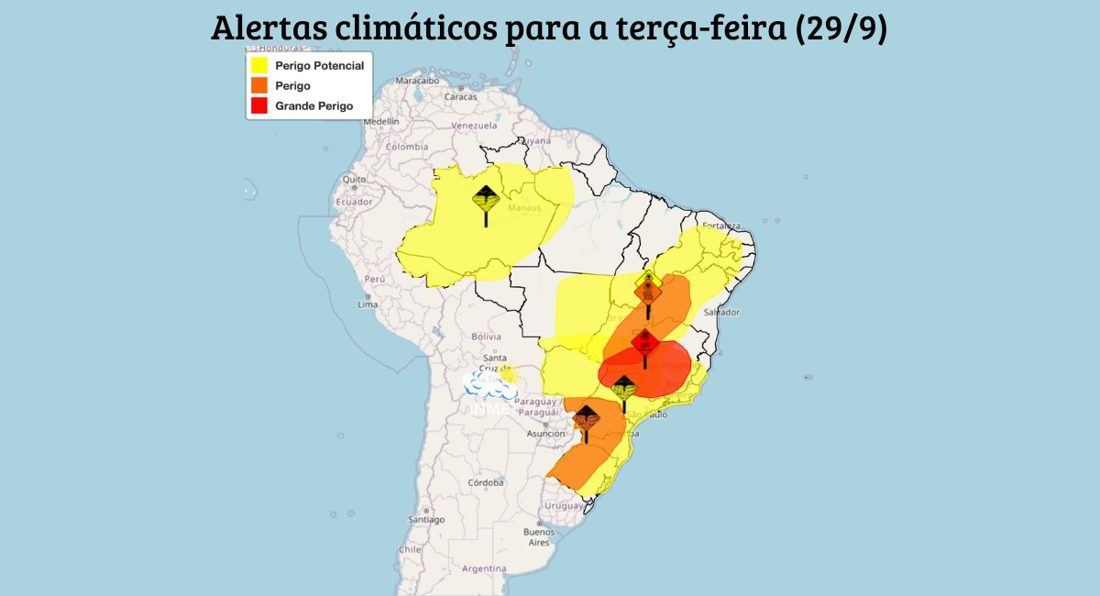 Ciclone gera tempestades e risco de granizo em oito estados nesta terça-feira