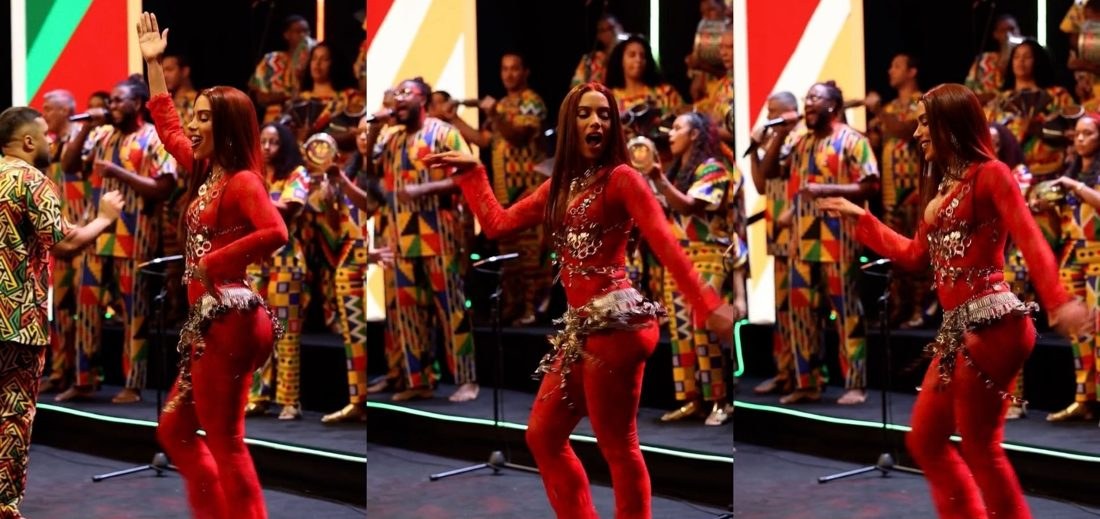 Anitta grava clipe do samba‑enredo da Grande Rio e exibe look vermelho brilhante