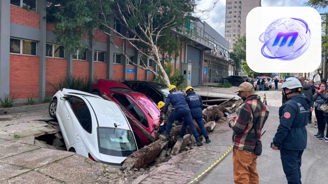 Buraco em calçada de Porto Alegre engole três veículos estacionados