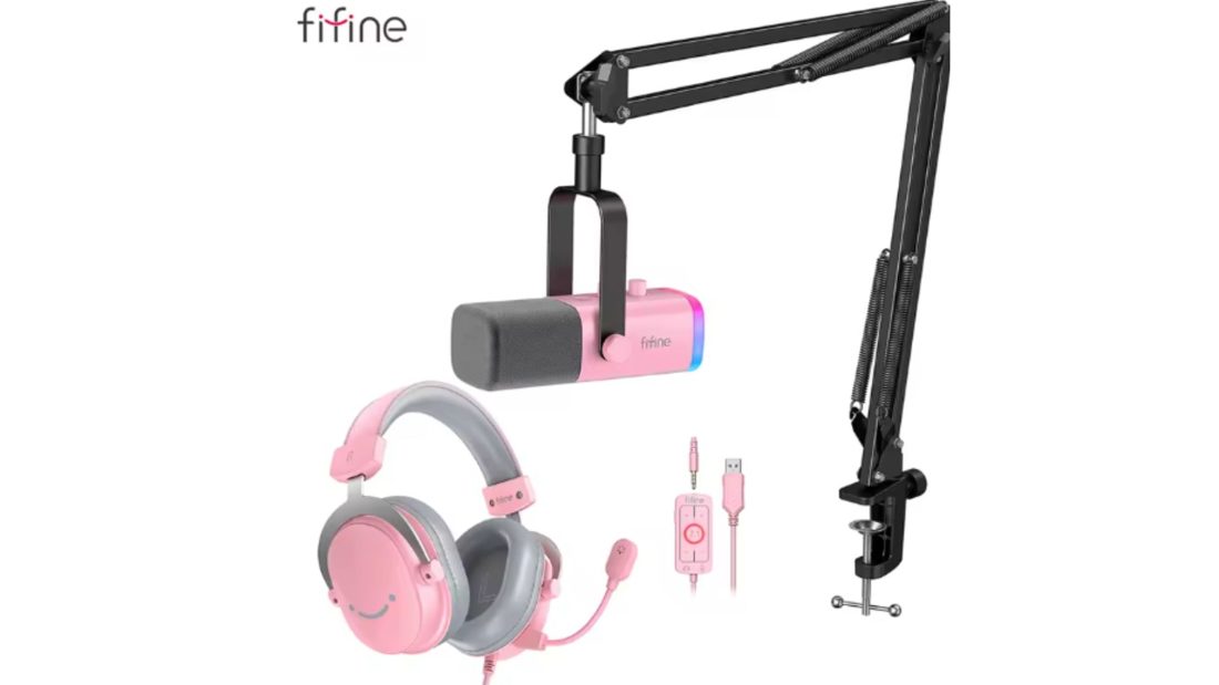 Kit streamer FIFINE reúne microfone AM8, suporte e headset H9P com desconto no AliExpress